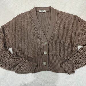 Aritzia Babaton Wool Cardigan Taupe Cropped V Neck Size 2XS Perfect Condition